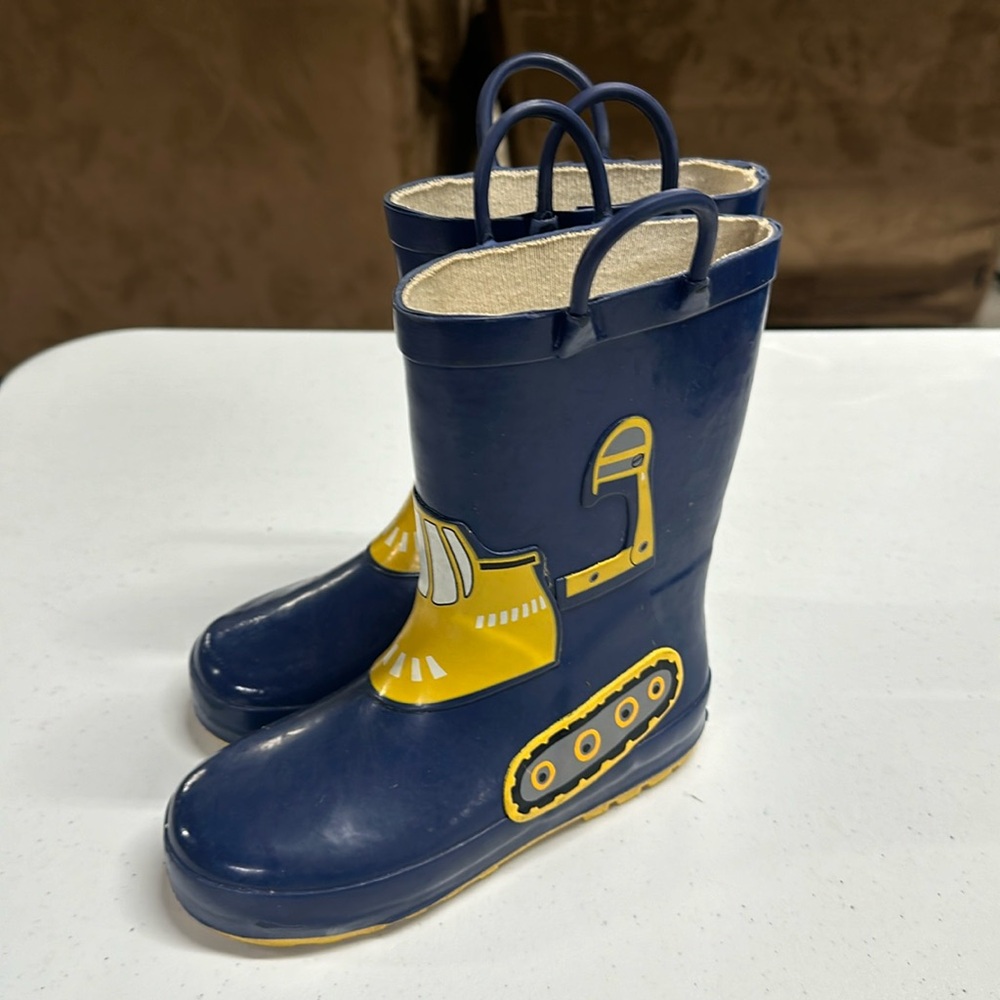 Boys Blue & Yellow Excavator Construction Rain Boots Size 11.5